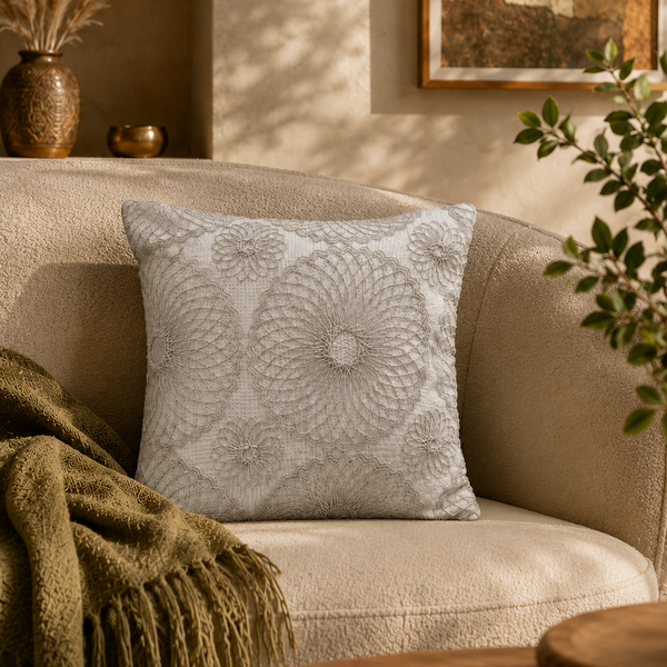 Decorative pillow on a beige armchair with a warm-toned room setting.