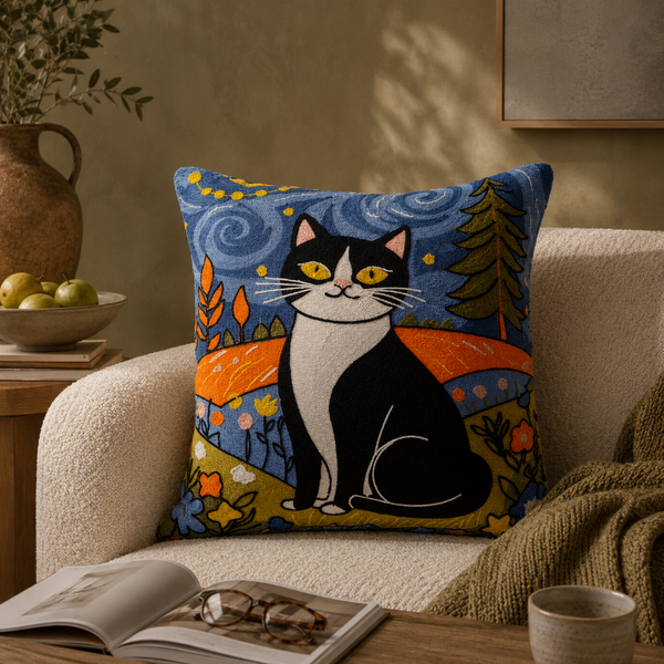 Decorative pillow with a black and white cat design on a couch in a cozy living room.
