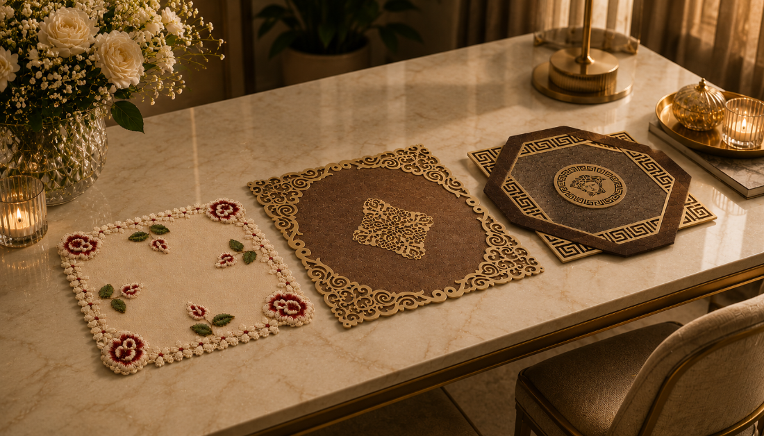 Decorative table mats on a marble surface with candles and flowers in the background