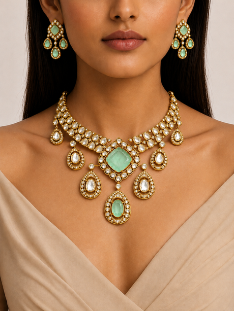 Woman wearing a gold and turquoise necklace with matching earrings on a neutral background