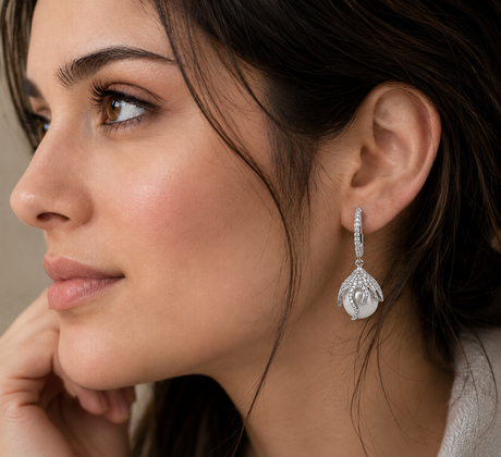 Close-up of a woman wearing a silver earring with a pearl-like drop.