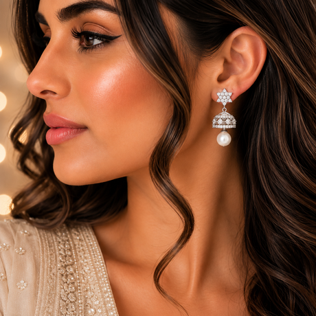 Close-up of a woman wearing a star-shaped earring with a pearl detail.