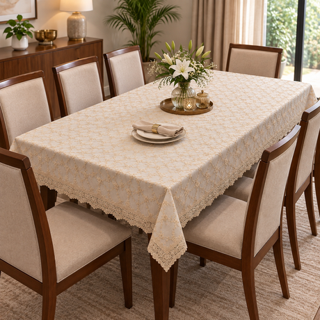 An off-white tablecloth with a subtle beige floral pattern and a scalloped lace border, draped over a wooden dining table surrounded by upholstered chairs in a well-lit dining room.