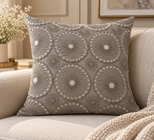 Cavelle Coffee Taupe Floral Embroidered Cushion Cover – 24x24 Inches