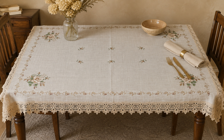 Dining table with a floral lace tablecloth, gold cutlery, and a vase of flowers.