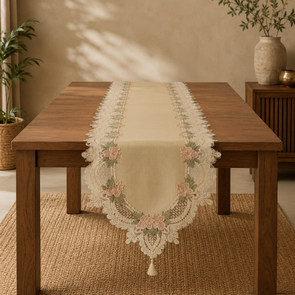 Wooden table with a decorative lace table runner in a home setting