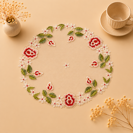 Decorative floral design on a beige background with a cup and saucer.