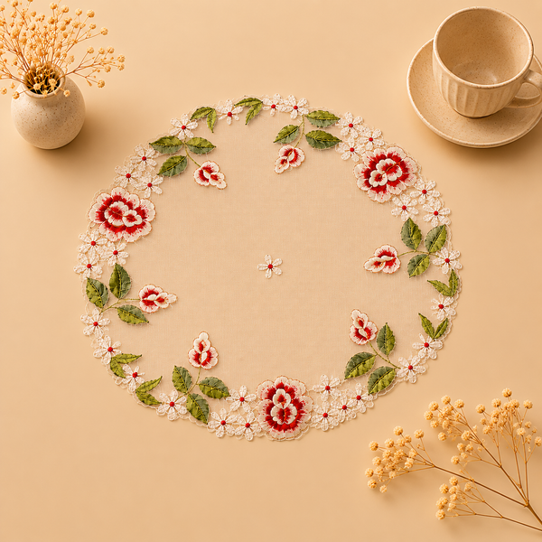 Decorative floral design on a beige background with a cup and saucer.