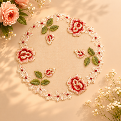 Embroidered floral design with red flowers and green leaves on a beige background.