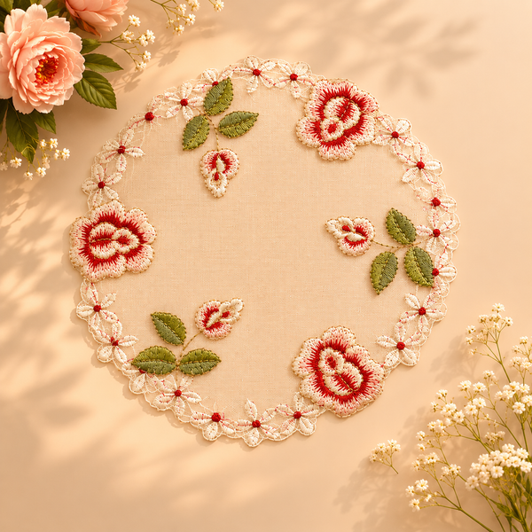 Embroidered floral design with red flowers and green leaves on a beige background.