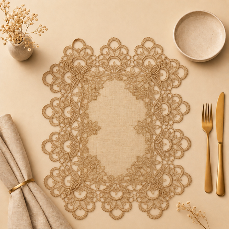 Decorative lace doily on a table with cutlery and napkins.