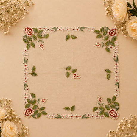 Decorative floral border on a beige background with flowers around.