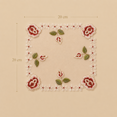Decorative floral design with measurements on a beige background