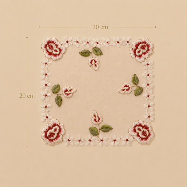 Decorative floral design with measurements on a beige background
