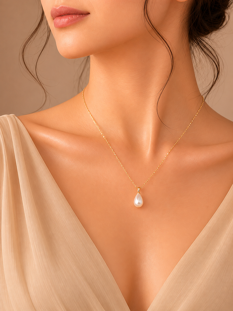 Pearl necklace on a model with a neutral background
