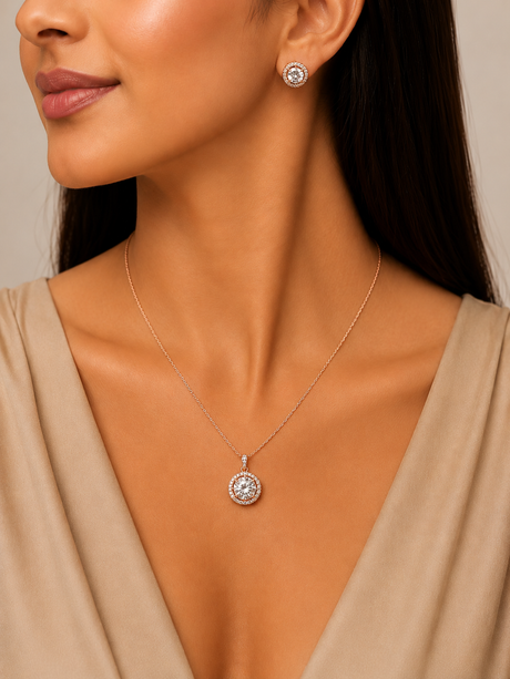 Woman wearing a necklace and earrings with a neutral background