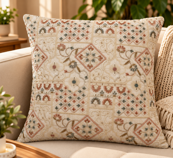 Elara Ivory Floral Patchwork Embroidered Cushion Cover 16x16 inch