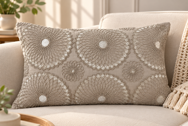 Elara Taupe Floral Embroidered Cushion Cover – 12x18 Inches
