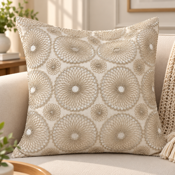 Elara Ivory Floral Embroidered Cushion Cover – 24x24 Inches