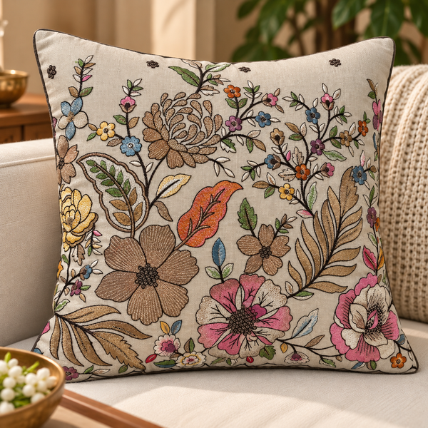 Botanical Bloom Floral Embroidered Cushion Cover 16 × 16 inches