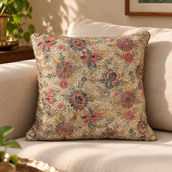 Zareen Multicolour Floral Embroidered Cushion Cover – 16x16 Inch