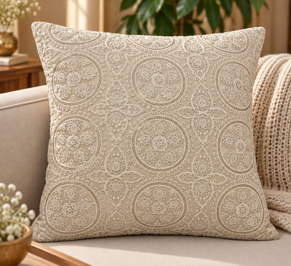 Ivora Ivory Floral Medallion Embroidered Cushion Cover 16x16 Inch