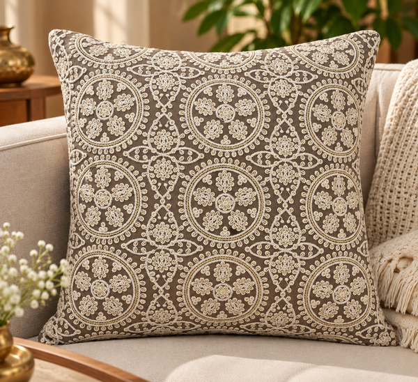Mirelle Grey Floral Medallion Embroidered Cushion Cover 16x16 Inch