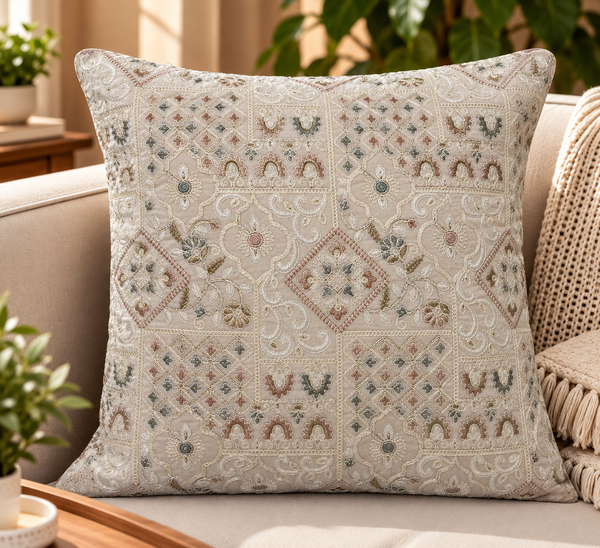 Aurelia Ivory Mughal Floral Embroidered Cushion Cover 16x16 inch