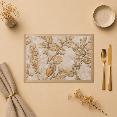 Beige floral-patterned placemat with gold cutlery and decor on a matching background