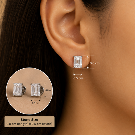 Close-up of a woman's ear wearing a rectangular clear stud earring, with measurement callouts showing 0.8 cm length and 0.