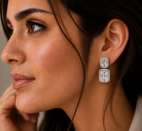 Close-up of a woman wearing diamond earrings with a neutral background