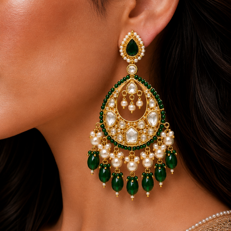 Close-up of a woman wearing a gold earring with green and pearl accents.