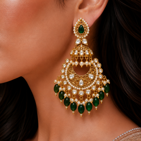 Close-up of a woman wearing gold earrings with green gemstones.