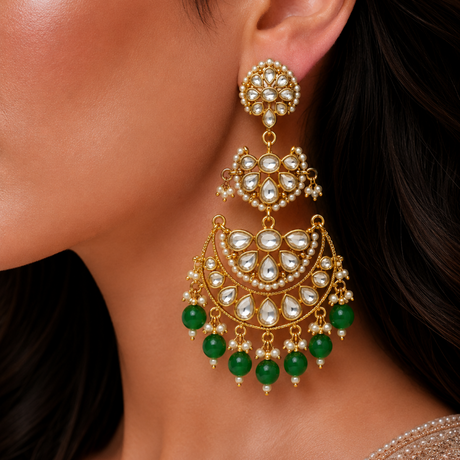 Close-up of a woman wearing gold earrings with green beads.