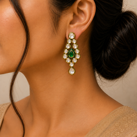 Close-up of a woman wearing a green and gold earring with a beige background