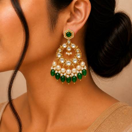 Close-up of a woman wearing a gold earring with green and pearl-like stones.