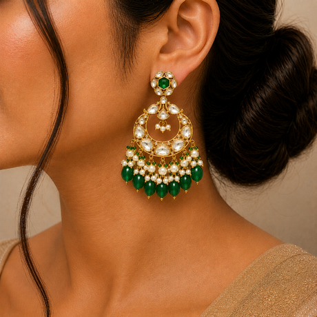 Close-up of a woman wearing a gold earring with green and white stones.