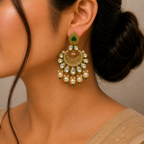 Close-up of a woman wearing a pair of ornate gold earrings with green and clear gemstones.