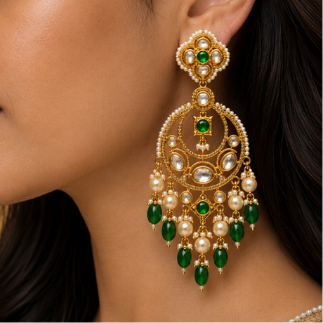 Close-up of a woman wearing gold earrings with green and pearl accents.