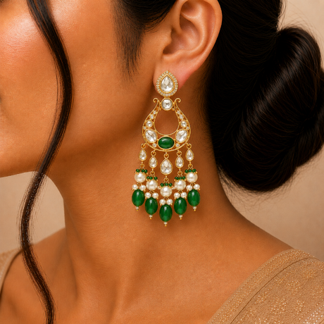 Close-up of a woman wearing gold earrings with green and pearl accents.