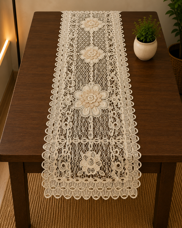 Table Runner Linen Floral Cutwork Lace 16x72