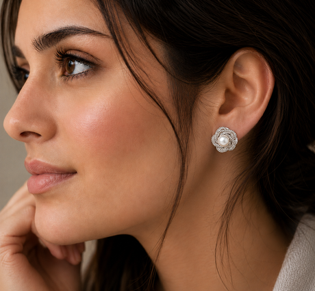 Close-up of a woman wearing a pearl earring with a neutral background