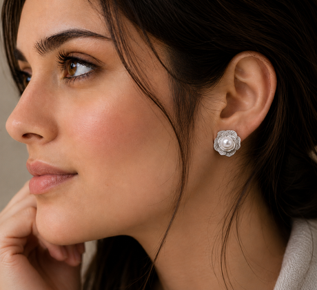 Close-up of a woman wearing pearl earrings with a neutral background