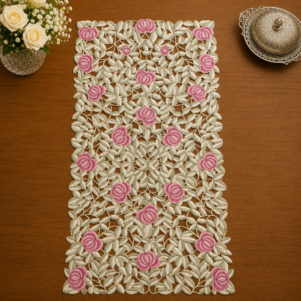905 pink cut work Table runner 16x36