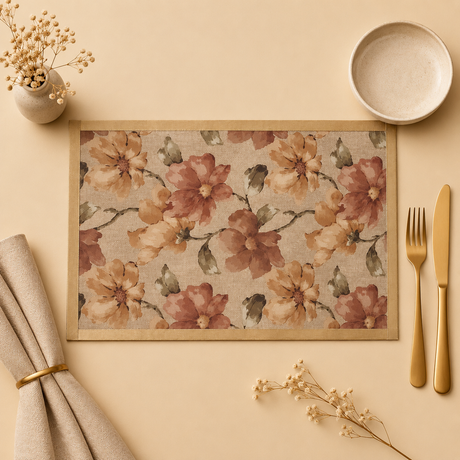 Floral-patterned placemat on a beige surface with cutlery and decor items.
