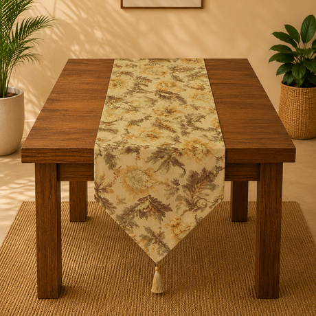 Wooden table with a floral table runner in a home setting