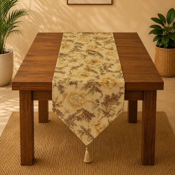 Wooden table with a floral table runner in a home setting