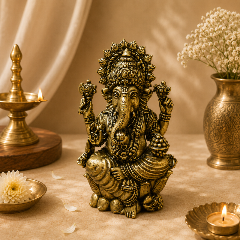 Ganesha brass idol lotus base 2.5 inch, antique gold finish, compact size for home mandir or office desk