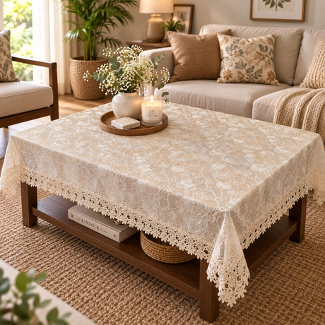 A rectangular lace coffee tablecloth in a warm cream-beige color with intricate floral embroidery and a delicate crochet border, draped over a dark wood coffee table in a cozy, sunlit living room.
