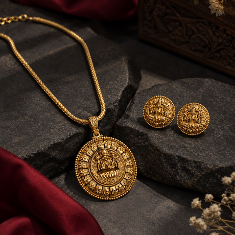 Goddess Coin Pendant Necklace with Matching Studs